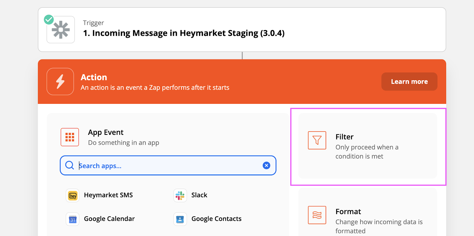 Selecting the relevant app and trigger in Zapier