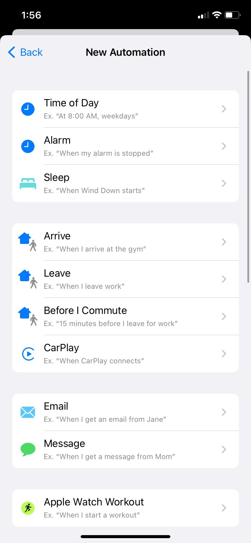 A &ldquo;New Automation&rdquo; menu listing ten trigger options including &ldquo;Time of Day,&rdquo; &ldquo;Alarm,&rdquo; and &ldquo;Sleep.&rdquo;