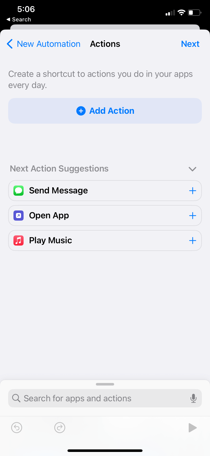 An &ldquo;Actions&rdquo; menu. A button up top says &ldquo;Add Action.&rdquo; Below is a list of &ldquo;Next Action Suggestions,&rdquo; including &ldquo;Send Message.&rdquo; 