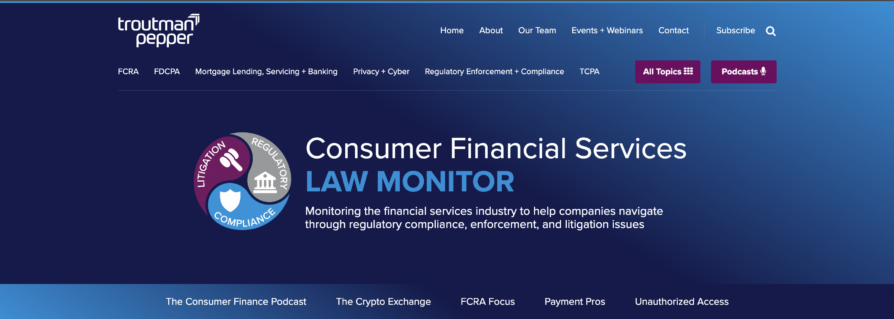 homepage of troutman pepper's cfs law monitor