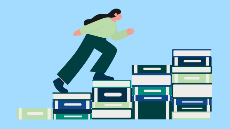Illustration of someone climbing stairs made of books