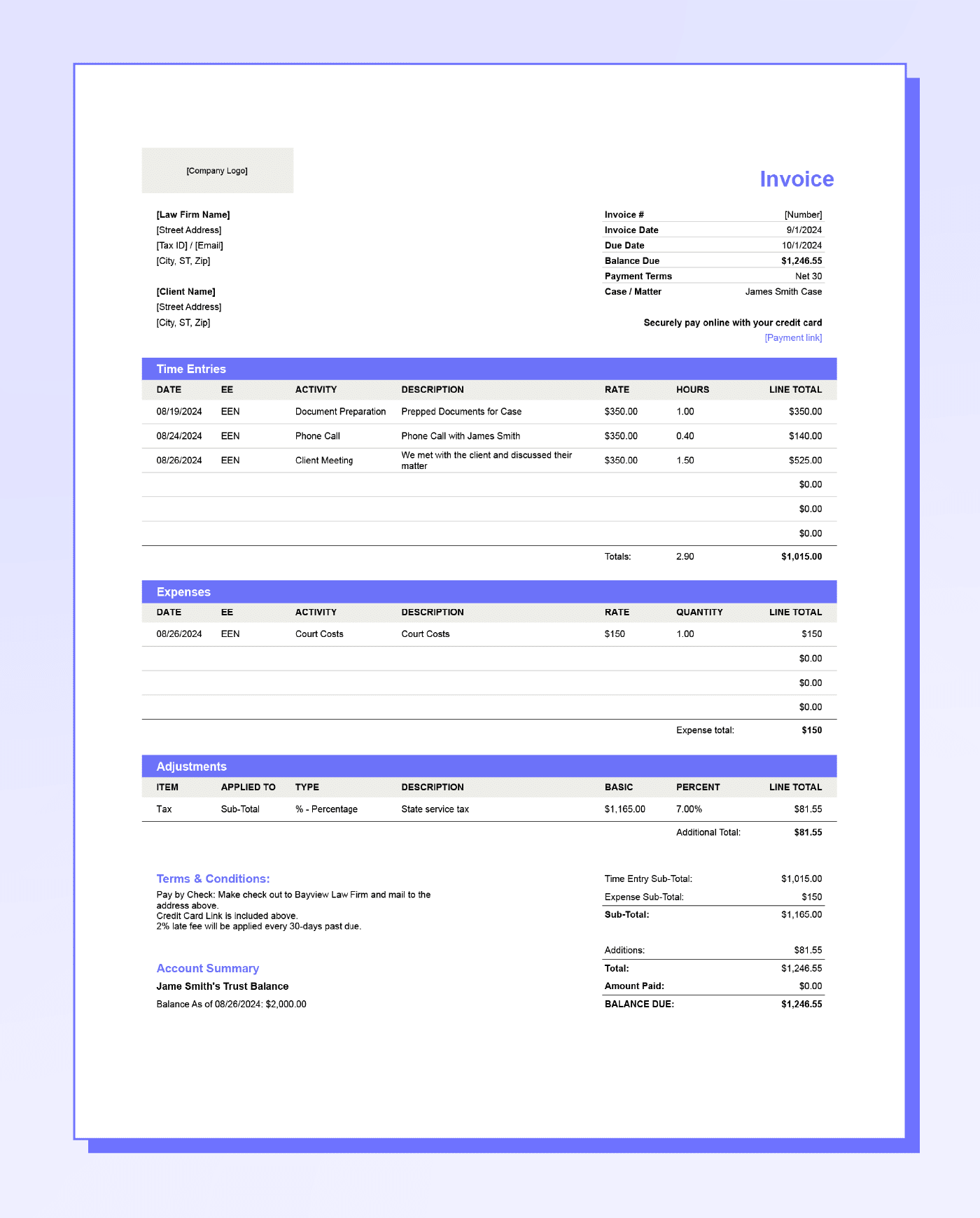 Screenshot of MyCase&rsquo;s downloadable legal billing template.