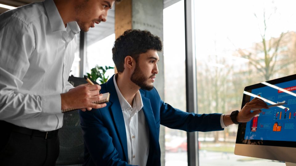 Two businesspeople working together, looking at a computer screen