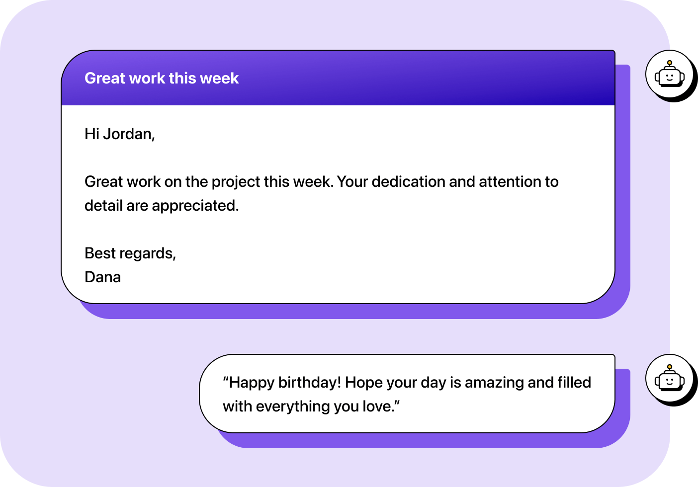 2 examples of AI generated messages with lack of personal detail or context