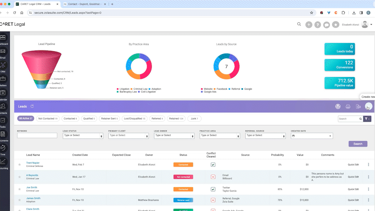 CARET Legal CRM management gif