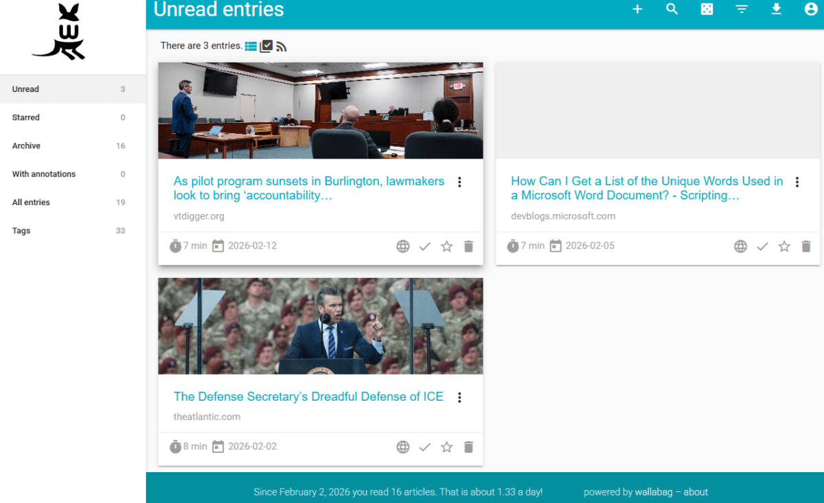 A screenshot of a web page. At the top it reads "unread entries". There are three large cards, each with space for an image (two of the cards have images) and, below the image, a title and information about where the post came from. On the left hand side is a typical navigation menu that shows read, unread, and other ways to manage the posts.