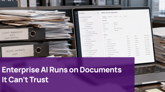 1:11 PMClaude responded: Enterprise AI Runs on Documents It Can't Trust — A laptop displaying a document management interface showing a Master Services Agreement with structured sectio…Enterprise AI Runs on Documents It Can't Trust