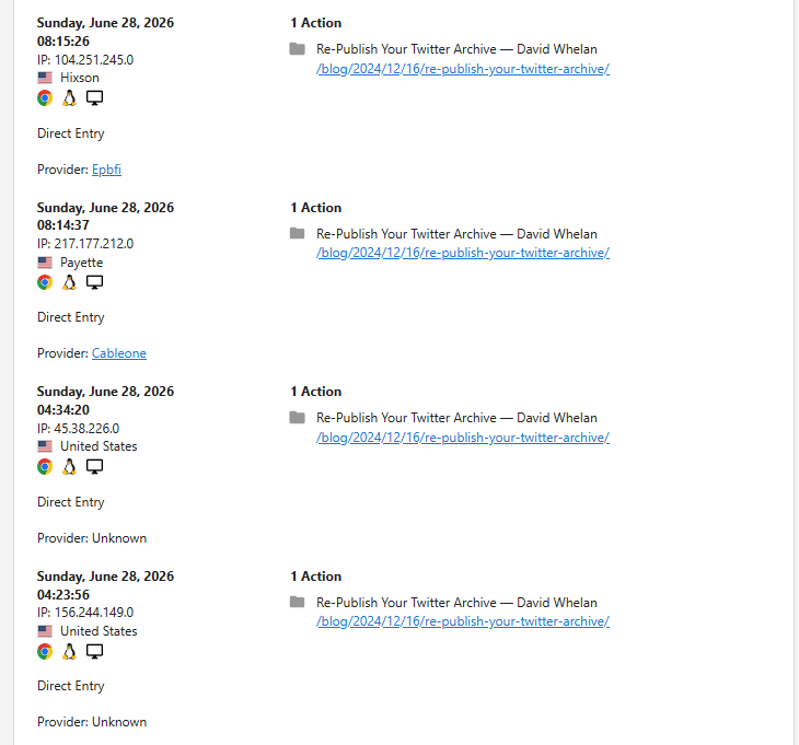 A screenshot of a web page. There are four cards listed, each one describing a single web visit. Each card has date, day, time, source location, URL visited, and so on. All of the URLs are the same.