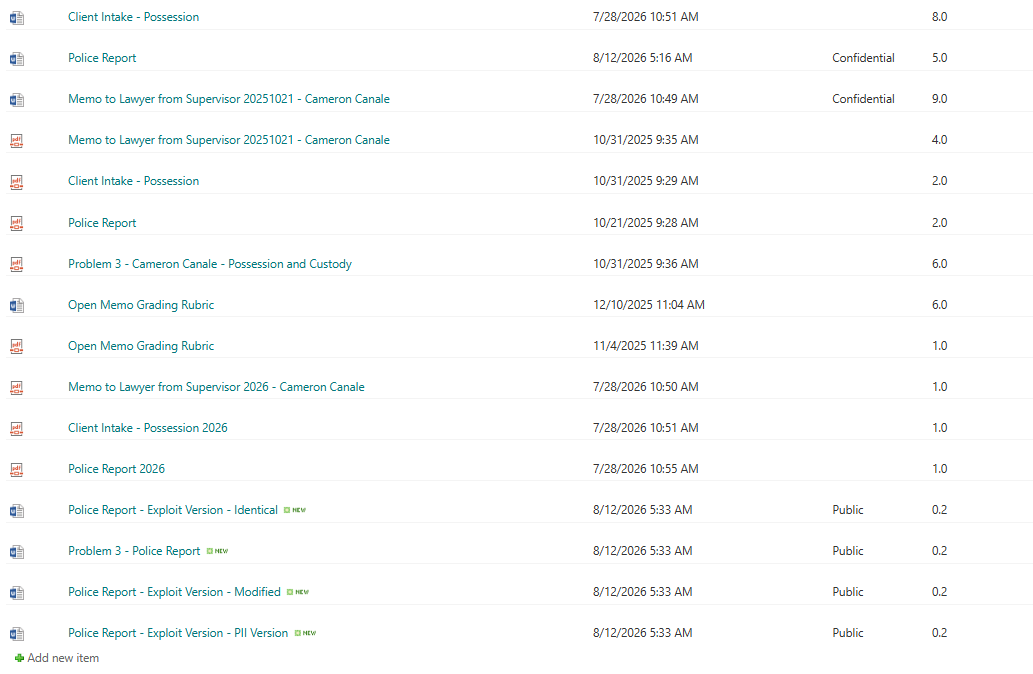 A screenshot of a Microsoft Office Sharepoint folder listing files. Four new documents are listed with a Public sensitivity label while two others have Confidential. The folder listing is in columns, with the left-most column being an icon for the file type, the next column holds the file name, the next the modified date, and then a column for sensitivity labels. This column is largely empty except for the 6 files mentioned. The last column holds a number for the version of the document.