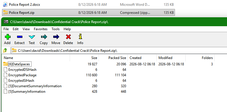 A screenshot of the 7Zip file extraction tool. It shows a toolbar at the top and then a list of files and folders, including names like "Encrypted DSI Hash" and "Encrypted Package".